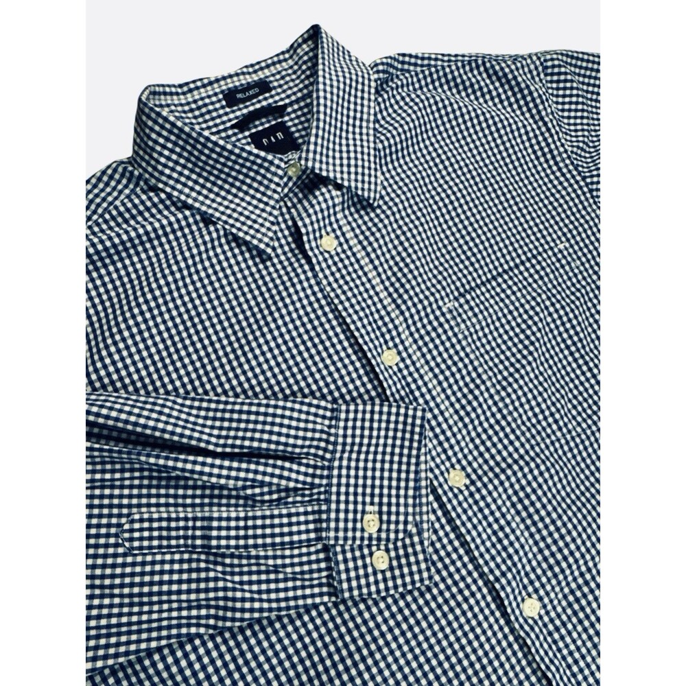 Gap Men’s Blue White Gingham Shirt Large Relaxed Fit Casual Dress Shirt Preppy